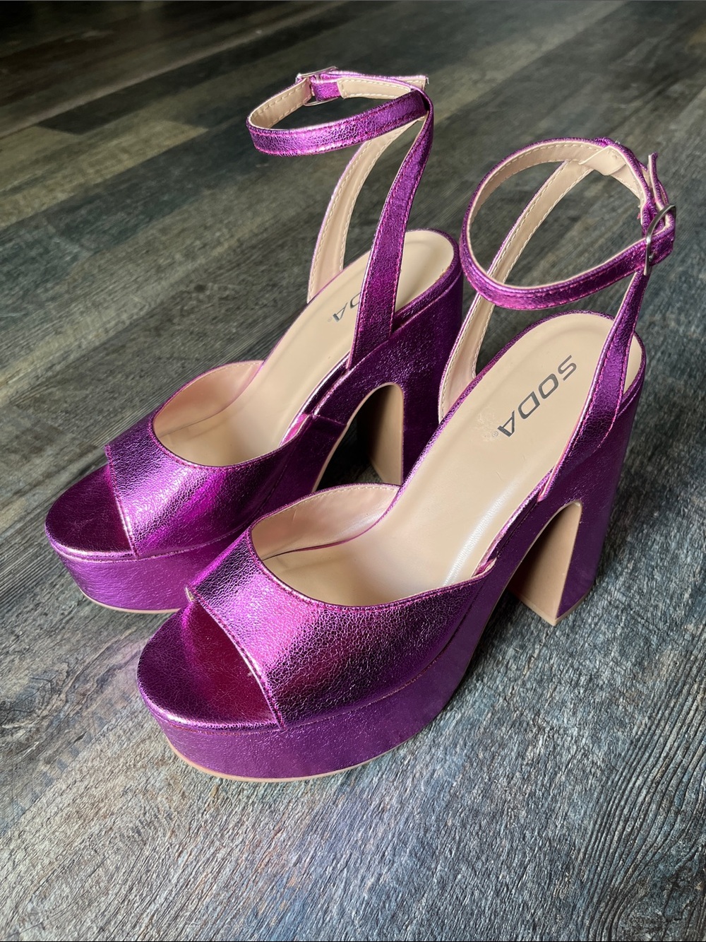 Soda Metallic Purple Platform Block Heels with Ankle Strap